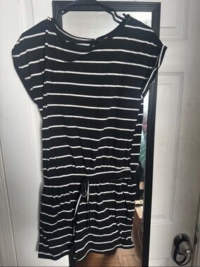Black and White Striped Drawstring Waist Dress